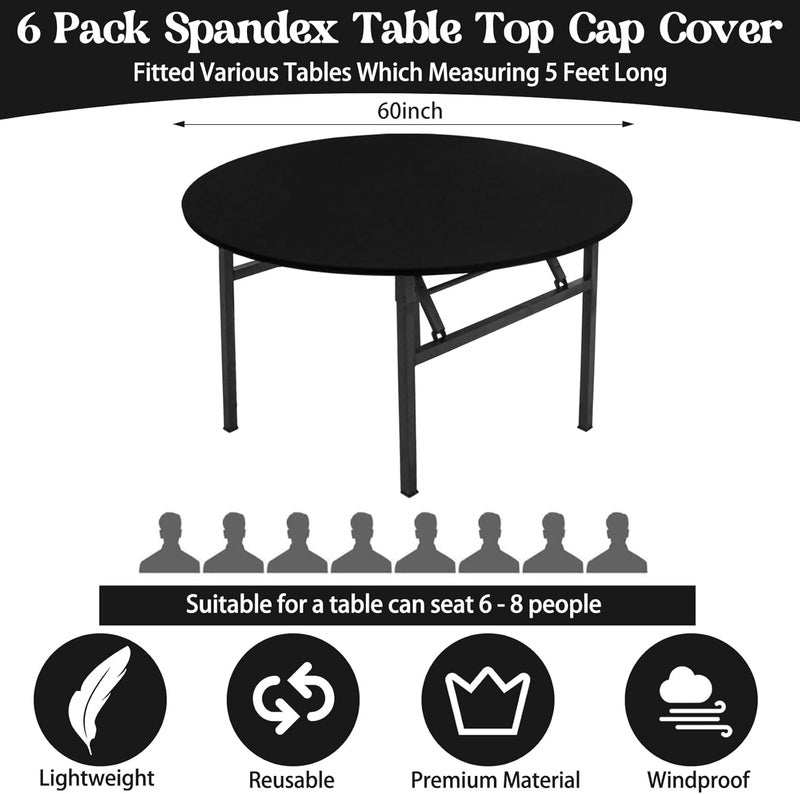 klarako 6 Pack Spandex Table Top Cover for 5FT Round Table, Stretch Fitted Tablecloth Washable Round Table Covers with Elastic Edge for Indoor Outdoor Party Picnic Camping (60", Black) - Image 2