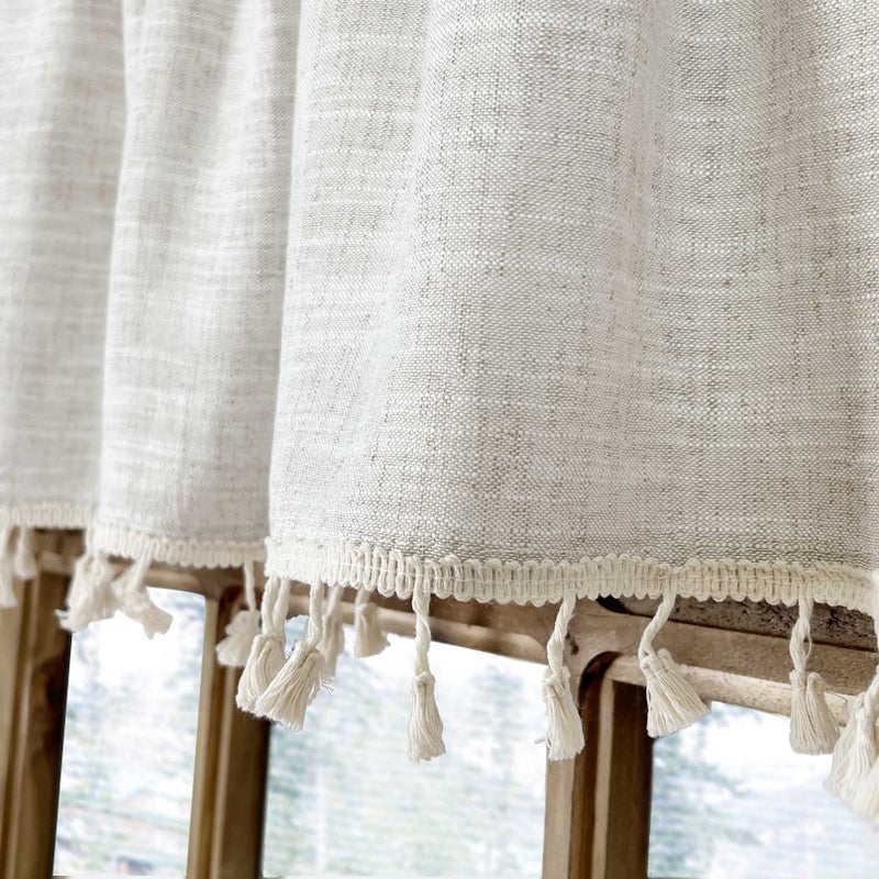 Oindec 2 Pack Boho Tassel Kitchen Valances for Windows Modern Farmhouse Cotton Linen Valance Curtains Topper Country Rustic Bathroom Small Window Treatment Bohemian Decor (55x15 inch, Natural) - Image 5
