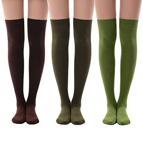 MEIKAN Green Thigh High Socks, Knee High Socks for Women Posing Ivy Costume Tube Long Brown Stockings Cosplay 3 Pairs (Brown,Olive Green,Army Green) - Image 1