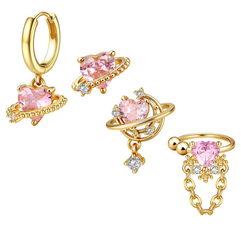 Krfy 4 Pcs Dainty 14K Gold Plated Earrings for Women - Sterling Silver Post Hypoallergenic Cartilage Earrings for Women Pink Universe Heart Ear Cuff Hoop Earring Sets for Multiple Piercing - Image 3