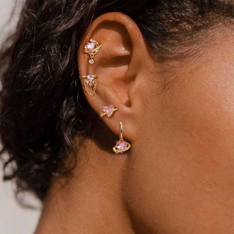 Krfy 4 Pcs Dainty 14K Gold Plated Earrings for Women - Sterling Silver Post Hypoallergenic Cartilage Earrings for Women Pink Universe Heart Ear Cuff Hoop Earring Sets for Multiple Piercing - Image 5