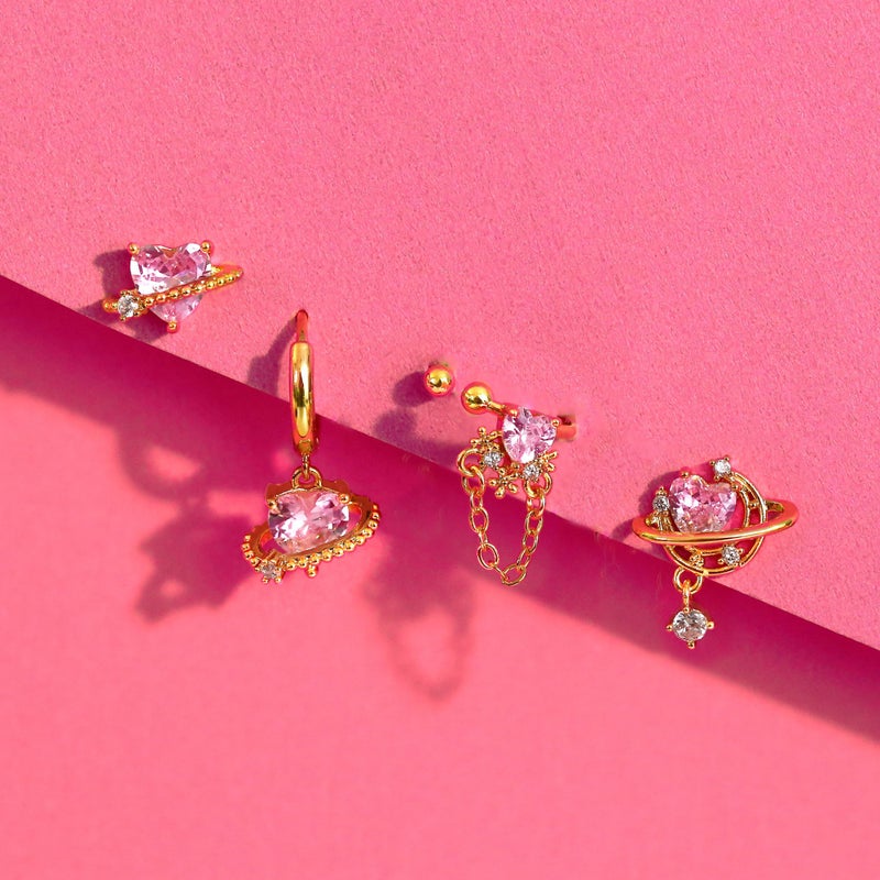 Krfy 4 Pcs Dainty 14K Gold Plated Earrings for Women - Sterling Silver Post Hypoallergenic Cartilage Earrings for Women Pink Universe Heart Ear Cuff Hoop Earring Sets for Multiple Piercing - Image 4
