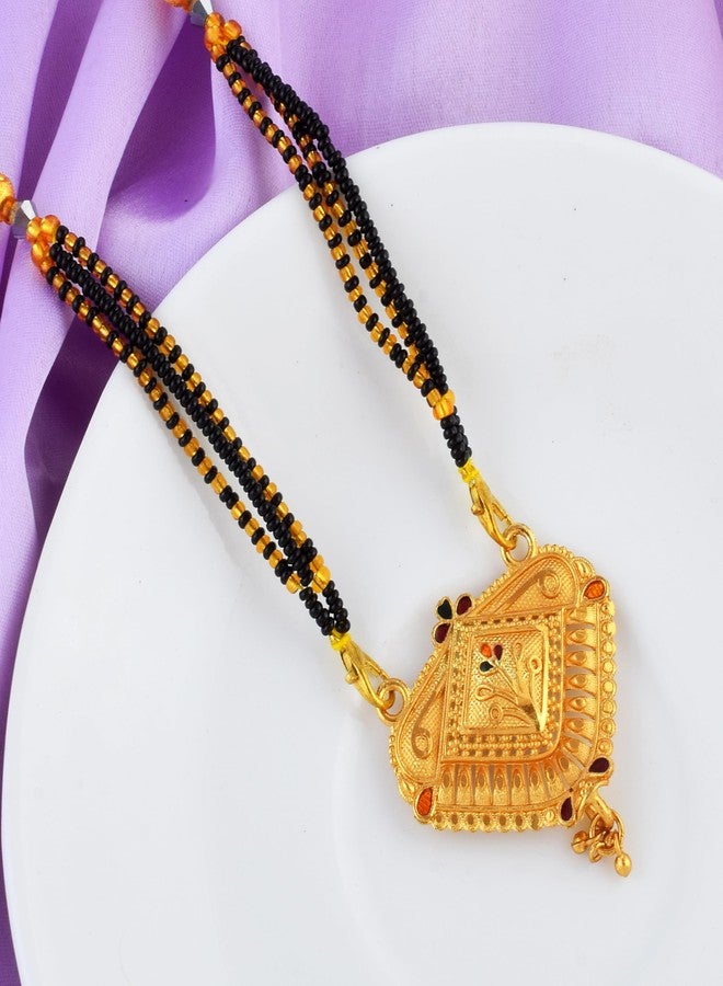 DULCI Traditional Gold-Plated Mangalsutra with Diamond-Shaped Pendant with Black Bead Chain - Image 4