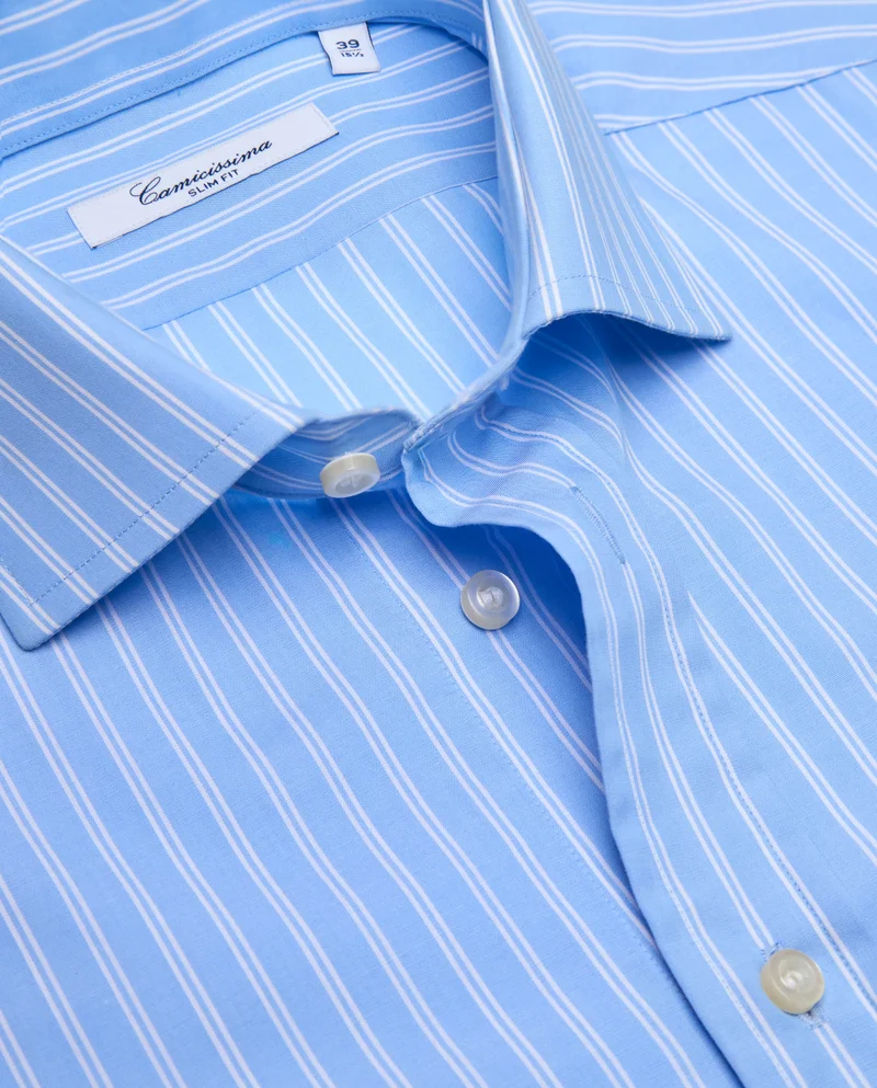 كاميتشسما Striped Light Blue Poplin Fancy Slim Shirt