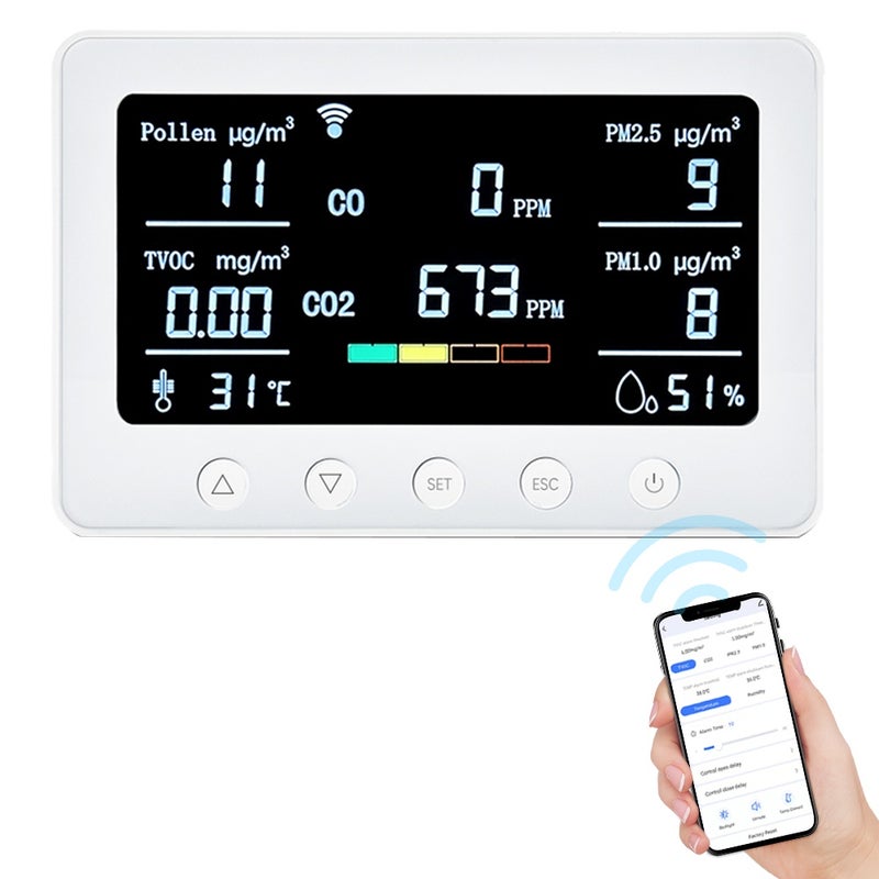 2.4GHz WiFi Air Quality Monitor 8-in-1 CO2/CO/PM2.5/PM1.0/TVOC/Pollen/Temperature and Humidity Meter with Alarm Smart Tuya APP NDIR Sensor Portable RS485 Data Logger Indoor Air Quality Detector - Image 1