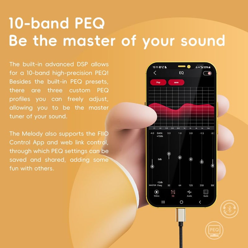 FiiO/Snowsky Melody Headphone Amplifier Portable DAC with 4.4mm and 3.5mm Headphones Outputs Support DSD256, 10-Band PEQ for Android/iOS/Mac/Windows (Walnut) - Image 2