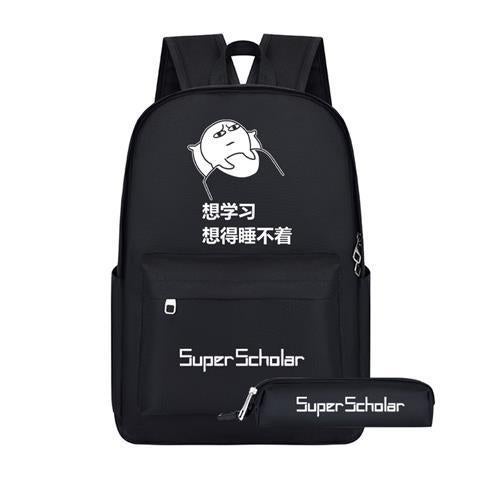 I love to learn the new school bag animation funny expression bag mens and womens campus students shoulder bag to figure backpack diy A- two-piece set