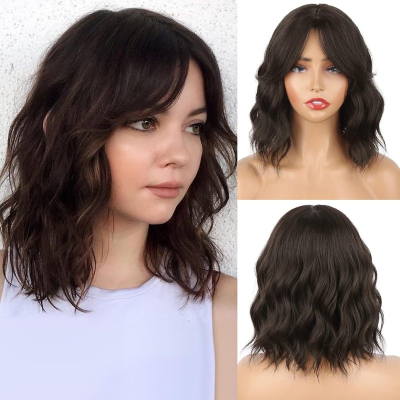 Natural Brown Wavy Bob Wig with Curtain Bangs for Black Women Synthetic Short Brown Curly Bob Wig with Bangs for Daily Use