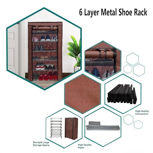 SANAMSTORE Open 6 Tier Metal Pipe With Non-Woven 100Gsm Fabric Cover Shoe/Cloth/Toy/Books Rack-Brown, 30 X 55 X 110 CM - Image 4