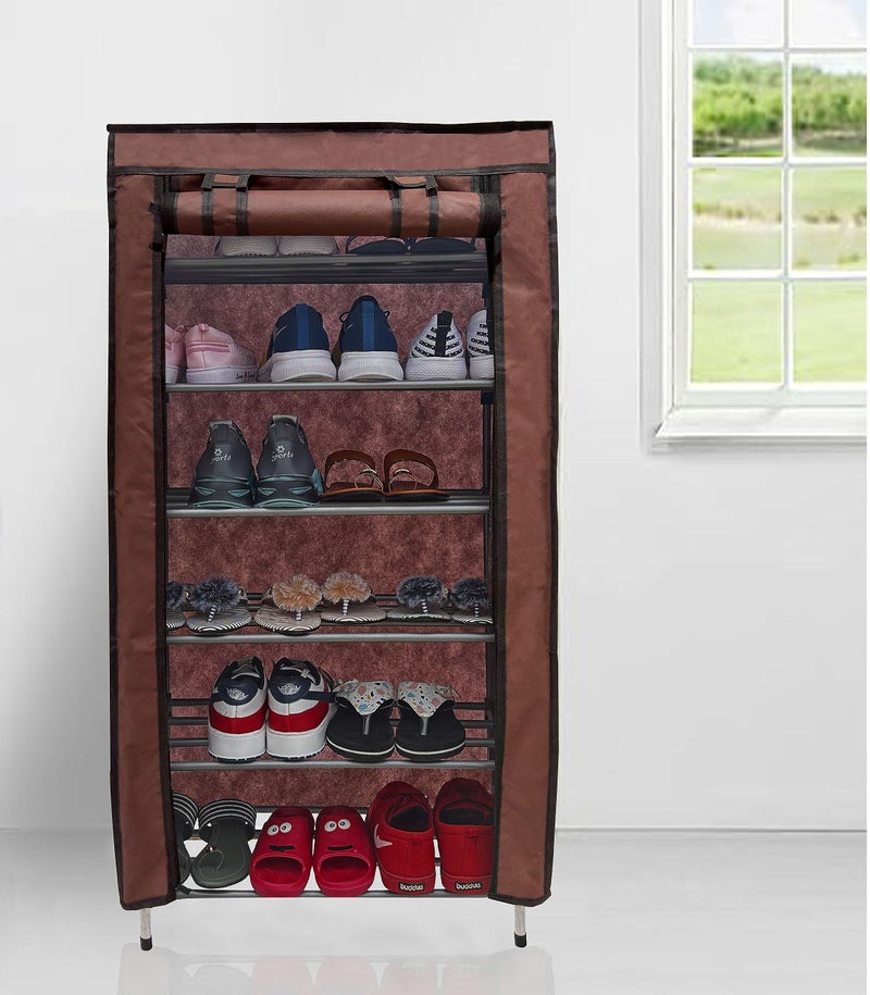 SANAMSTORE Open 6 Tier Metal Pipe With Non-Woven 100Gsm Fabric Cover Shoe/Cloth/Toy/Books Rack-Brown, 30 X 55 X 110 CM - Image 1