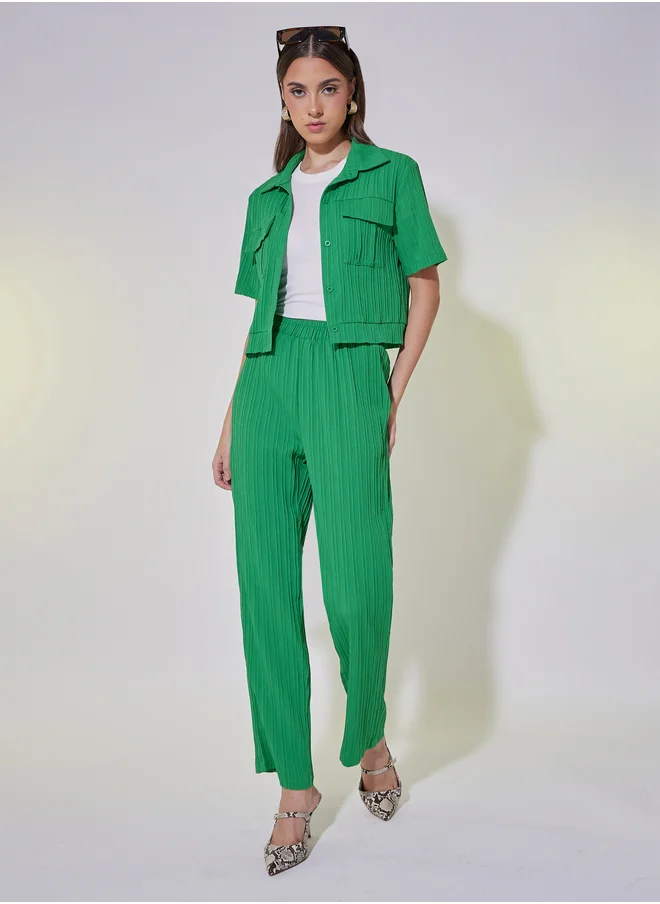 Styli Textured Crop Shirt and Pants Co-Ords