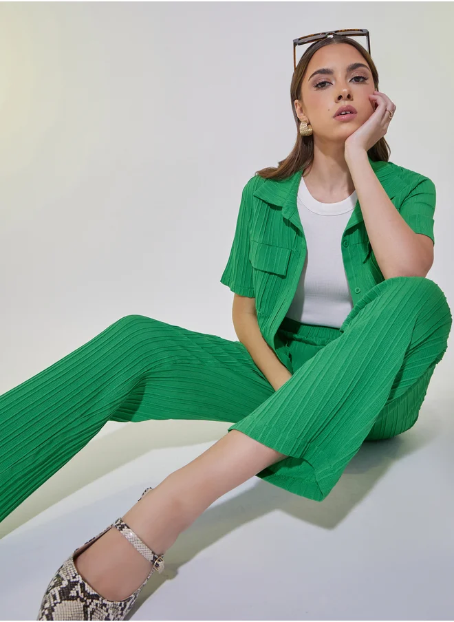 Styli Textured Crop Shirt and Pants Co-Ords