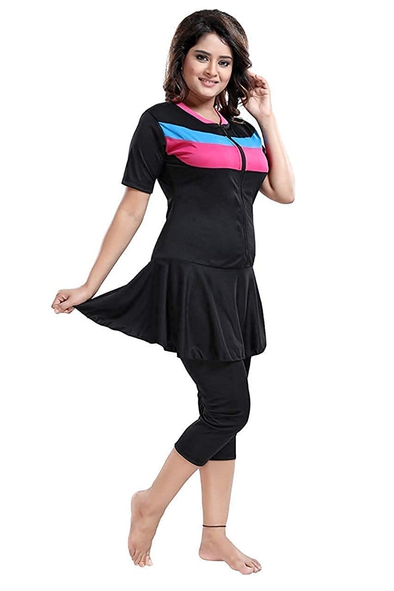 Aquado Womens one -Piece Swimwear, Half Sleeves,capricut, Swimming Costume, Two Way Stretchable Polyester Fabric, U.V.Protection. (38, Black) - Image 3