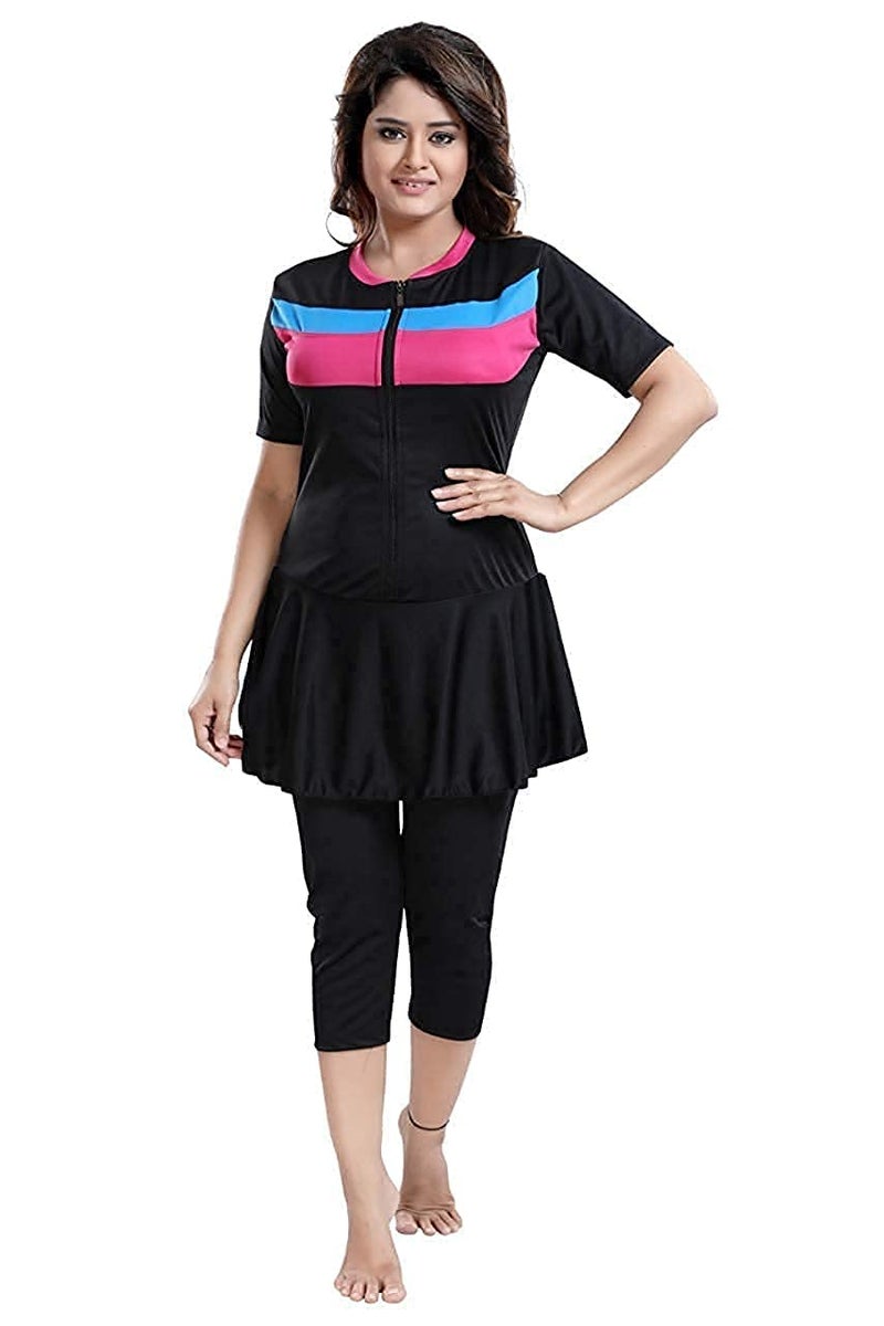 Aquado Womens one -Piece Swimwear, Half Sleeves,capricut, Swimming Costume, Two Way Stretchable Polyester Fabric, U.V.Protection. (38, Black) - Image 1