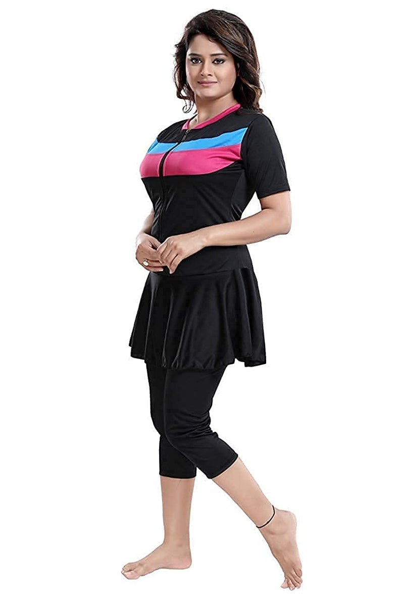 Aquado Womens one -Piece Swimwear, Half Sleeves,capricut, Swimming Costume, Two Way Stretchable Polyester Fabric, U.V.Protection. (38, Black) - Image 2