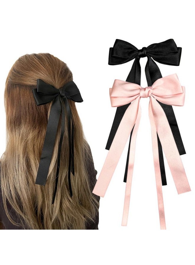 سالوسي مشابك شعر كبيرة من شرائط الساتان للنساء والفتيات مع ذيل طويل، وردي وأسود، قطعتان - Image 1