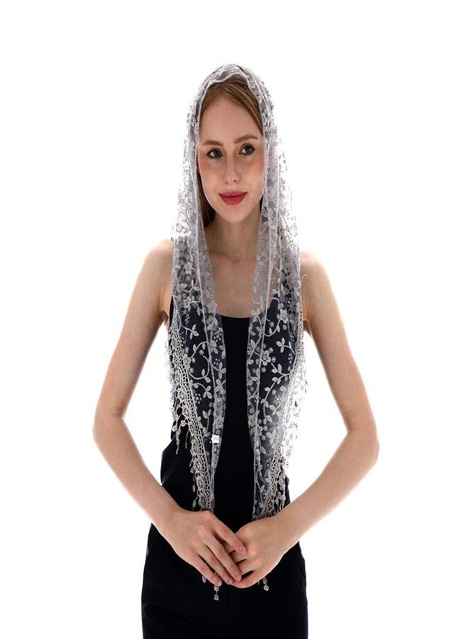 LMVERNA Triangle Lace Mantilla Veil Tulle Scarf Covering Church Veil for Mass Wedding Bridesmaids, Gray, M - Image 1