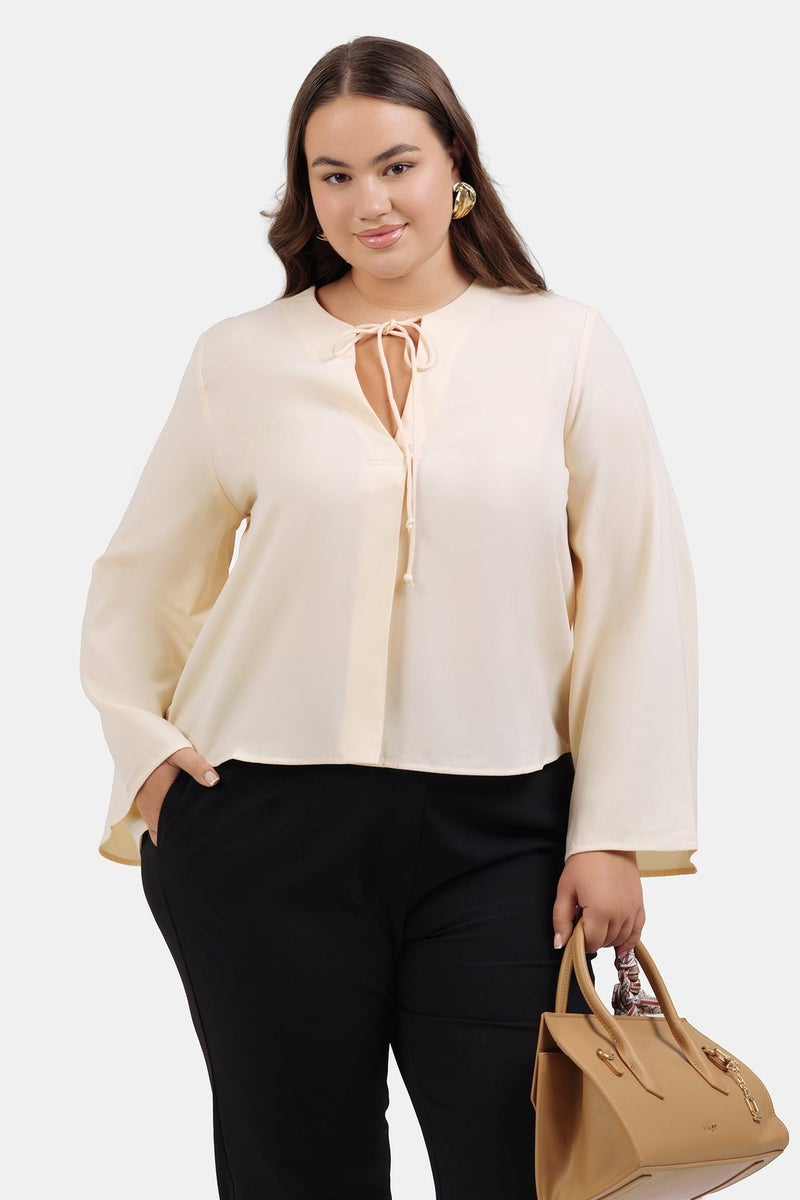 Virgio Solid Crepe Flared Plus Size Top With Front Tie-Up Detail for Women - Image 2