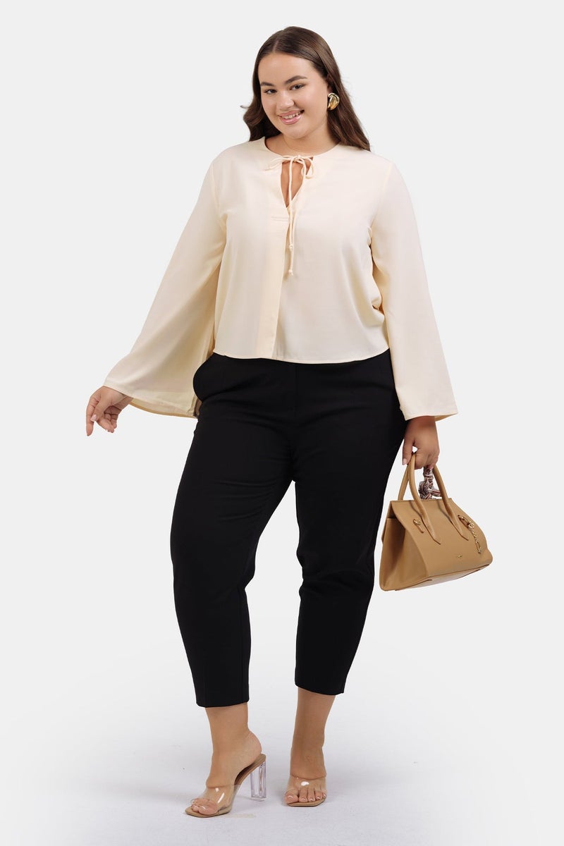 Virgio Solid Crepe Flared Plus Size Top With Front Tie-Up Detail for Women - Image 1