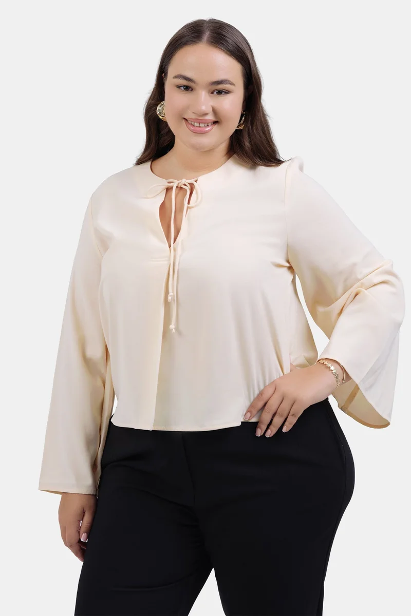 Virgio Cream Solid Crepe Flared Plus Size Top With Front Tie-Up Detail for Women for Women | Best Price UAE