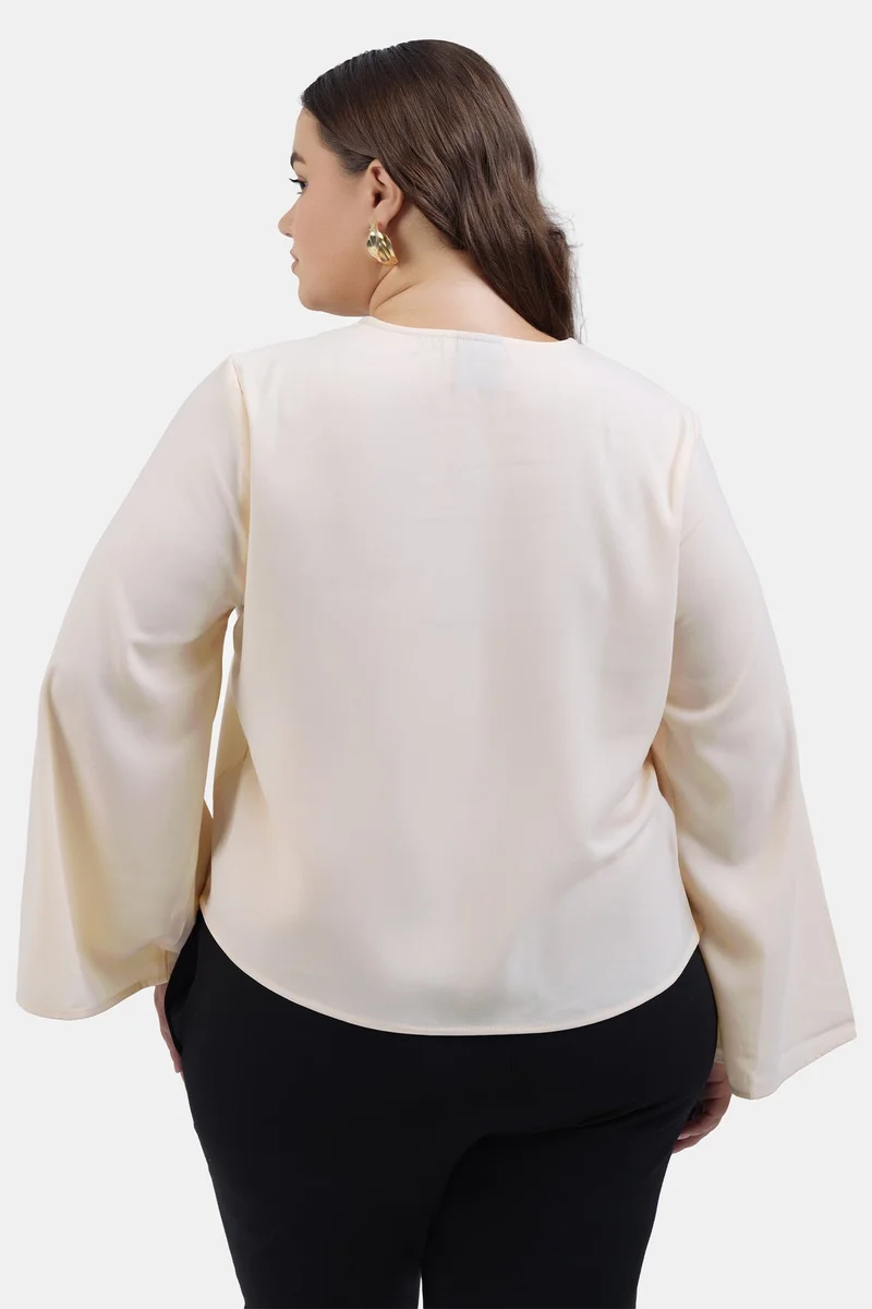 Virgio Cream Solid Crepe Flared Plus Size Top With Front Tie-Up Detail for Women for Women | Best Price UAE