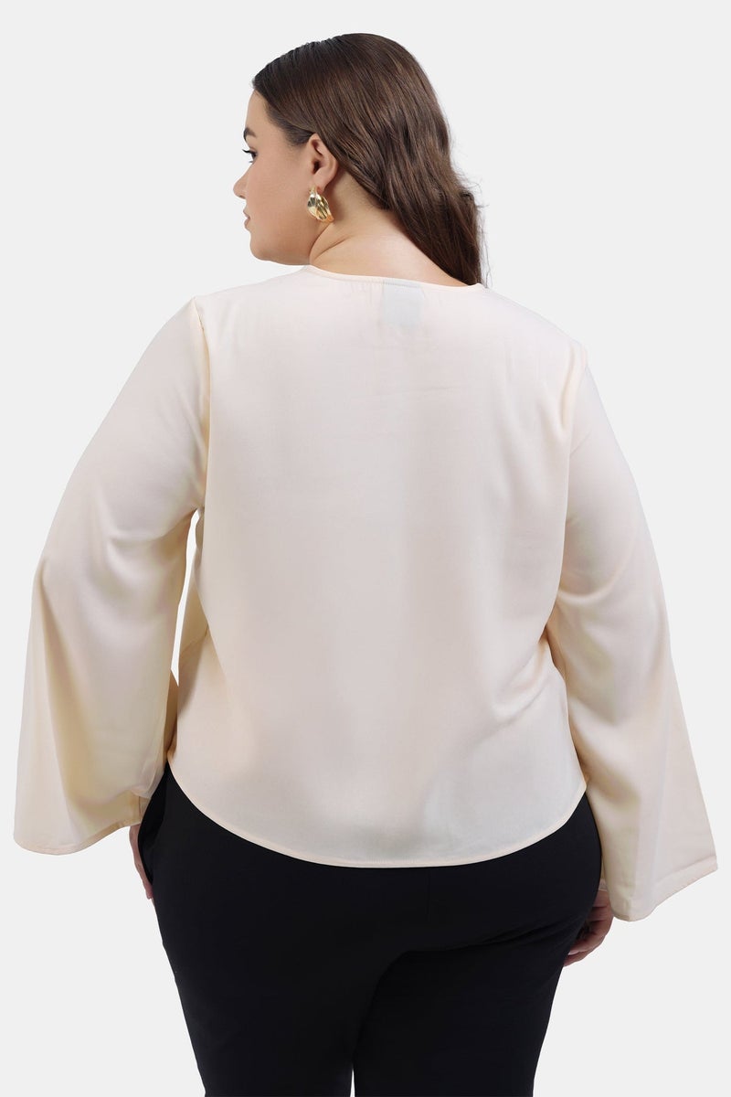 Virgio Solid Crepe Flared Plus Size Top With Front Tie-Up Detail for Women - Image 5