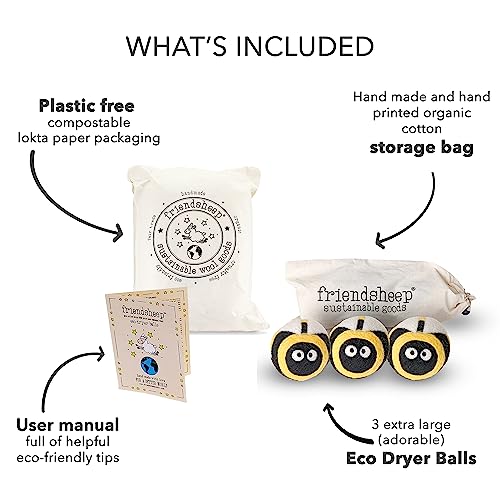 Friendsheep Wool Dryer Balls, Organic Reusable Fabric Softener Alternative for Laundry, Handmade, Fair Trade, Hypoallergenic, Eco-Friendly, Plastic-Free (3 Pack XL – Honey Bee) - Image 2