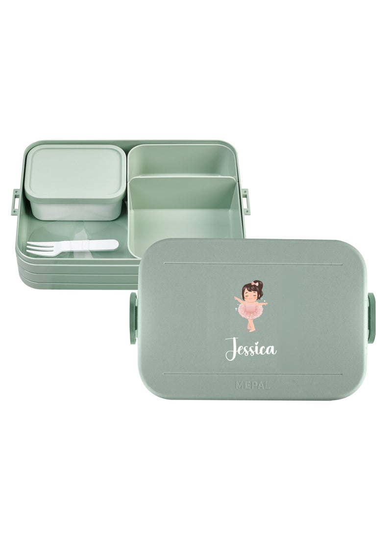 Share the Love - Large Personalised Cute pink ballerina girl Design Lunch Box- Nordic sage - Image 1