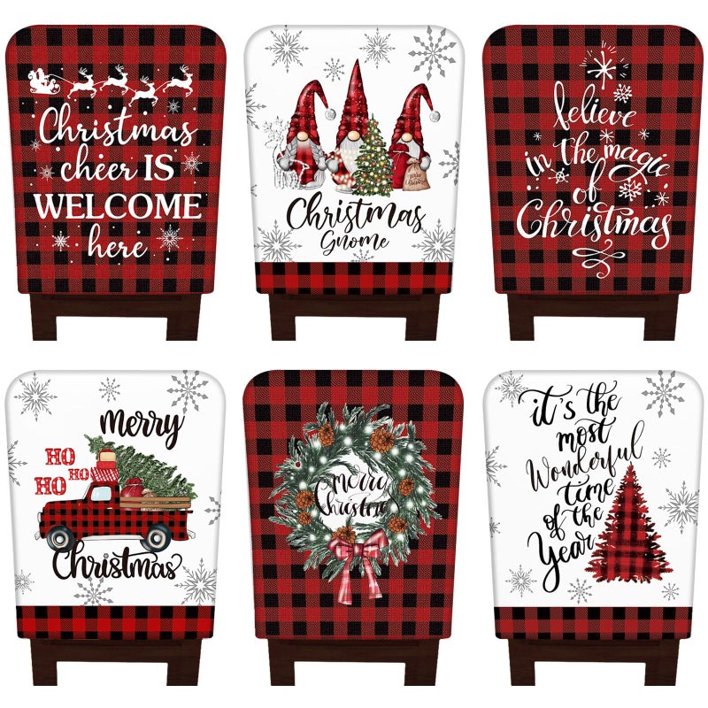 FuWeave 6 Pcs Christmas Chair Covers Red Black Buffalo Plaid Chair Back Covers Xmas Chair Protector Slipcovers Washable Winter Dining Room Seat Covers for Home Hotel Kitchen Decorations