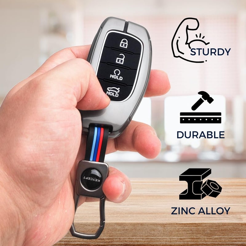 Keycept Metal key cover Compatible for Hyun-dai Cre-ta, Venue, i20, Alcazar, N Line, Creta EV 4 Button Smart Key with Keychain (Short Keychain). - Image 4