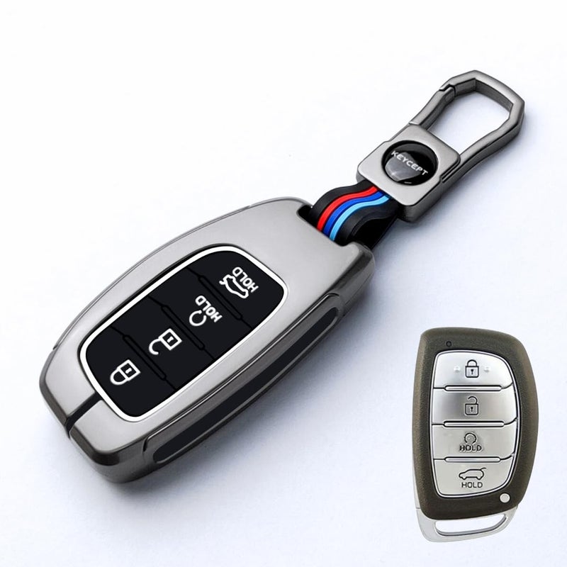 Keycept Metal key cover Compatible for Hyun-dai Cre-ta, Venue, i20, Alcazar, N Line, Creta EV 4 Button Smart Key with Keychain (Short Keychain). - Image 1