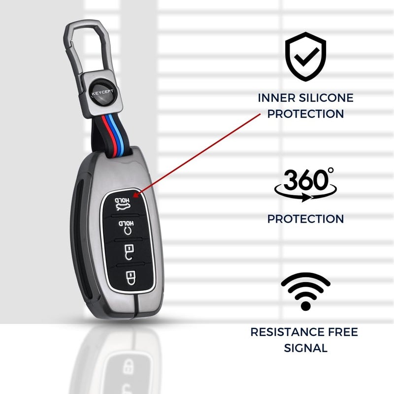 Keycept Metal key cover Compatible for Hyun-dai Cre-ta, Venue, i20, Alcazar, N Line, Creta EV 4 Button Smart Key with Keychain (Short Keychain). - Image 5