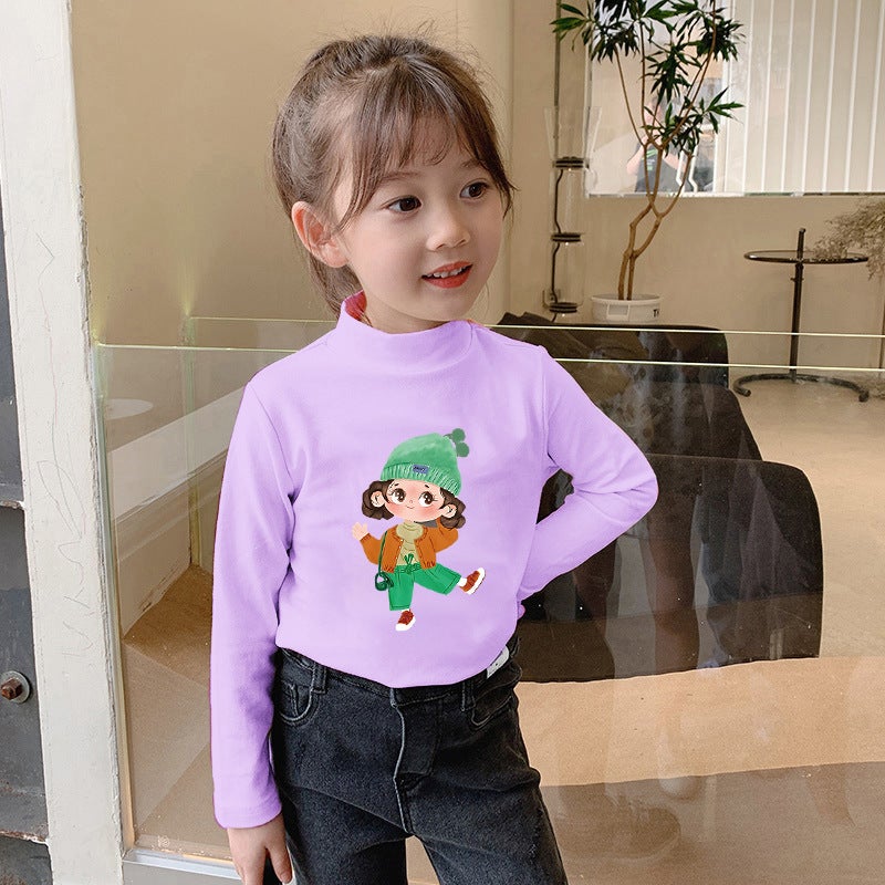Girls' Velvet Warm T-Shirt Base Shirt Children'S Half-High Collar Long-Sleeved T-Shirt Skin-Friendly Inner Top Trendy - Image 1