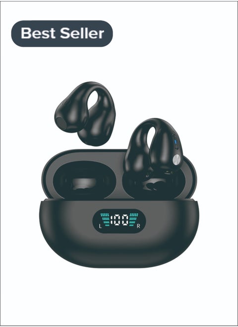 Free Clip Wireless Sports Bluetooth Headset Futuristic Aesthetic Design Feather-Like Painless Wearing Open-ear Listening Super long Battery Life V5.3 Bluetooth Chip Design Stable And Fast, Black