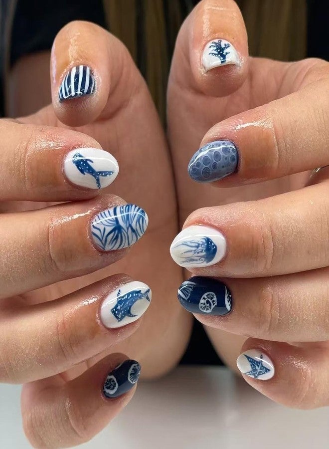 ROKHEVN Medium Almond Press on Nails Ocean Fake Nails Summer Beach Nail Press ons with Whale Shark Designs Glossy Blue White Fish False Nails Artificial Full Cover Glue on Nail for Women Manicure 24Pcs - Image 1