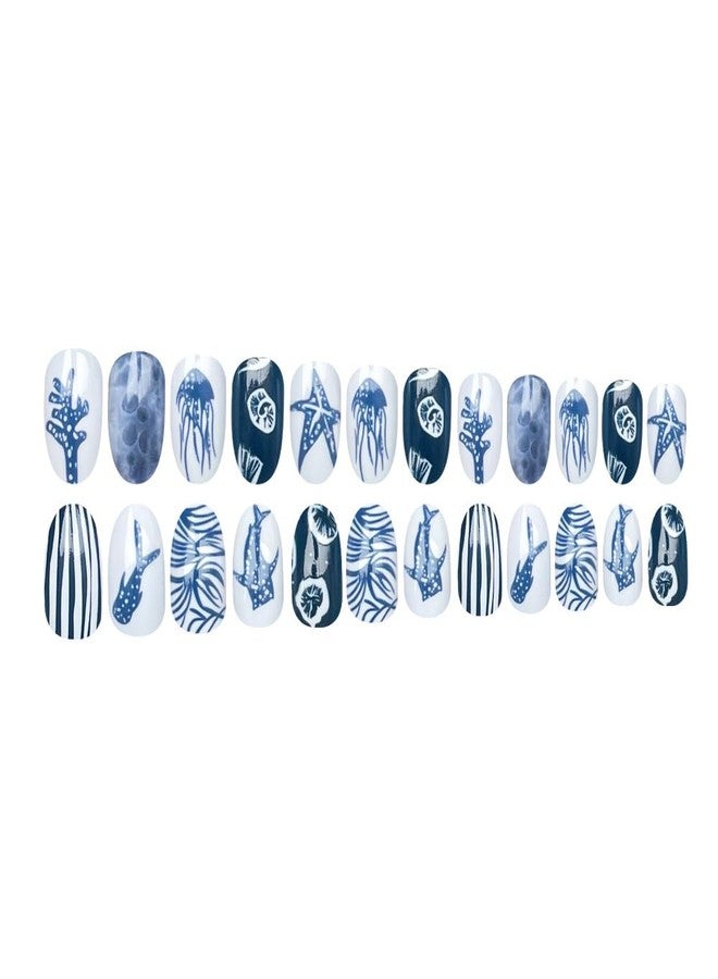 ROKHEVN Medium Almond Press on Nails Ocean Fake Nails Summer Beach Nail Press ons with Whale Shark Designs Glossy Blue White Fish False Nails Artificial Full Cover Glue on Nail for Women Manicure 24Pcs - Image 5