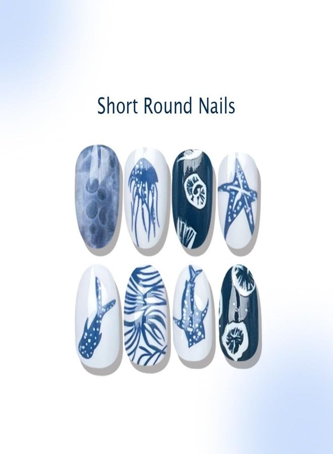ROKHEVN Medium Almond Press on Nails Ocean Fake Nails Summer Beach Nail Press ons with Whale Shark Designs Glossy Blue White Fish False Nails Artificial Full Cover Glue on Nail for Women Manicure 24Pcs - Image 4