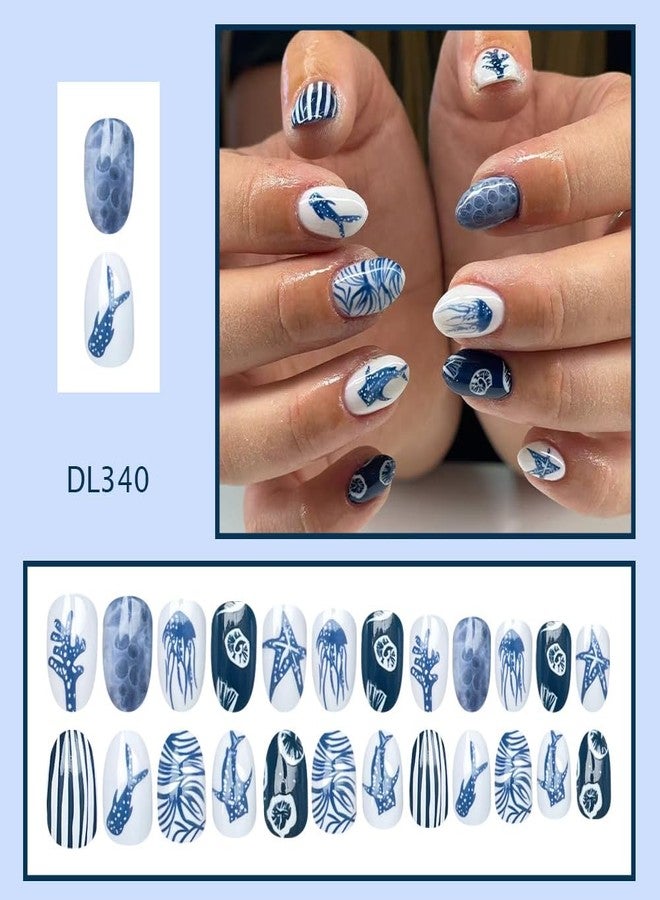 ROKHEVN Medium Almond Press on Nails Ocean Fake Nails Summer Beach Nail Press ons with Whale Shark Designs Glossy Blue White Fish False Nails Artificial Full Cover Glue on Nail for Women Manicure 24Pcs - Image 2
