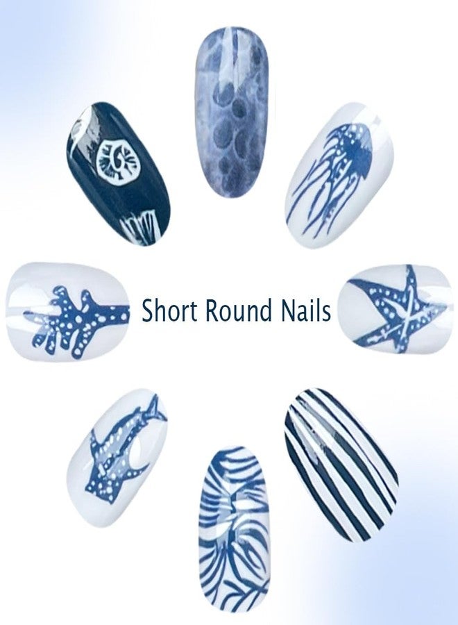 ROKHEVN Medium Almond Press on Nails Ocean Fake Nails Summer Beach Nail Press ons with Whale Shark Designs Glossy Blue White Fish False Nails Artificial Full Cover Glue on Nail for Women Manicure 24Pcs - Image 3