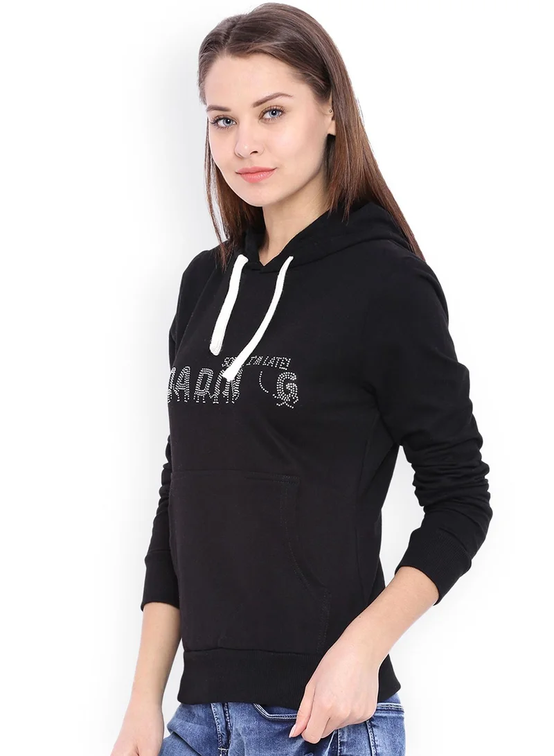 Campus Sutra Women's Onyx Black Loading Embellished Pullover Hoodie