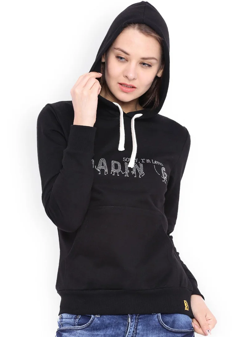 Campus Sutra Women's Onyx Black Loading Embellished Pullover Hoodie