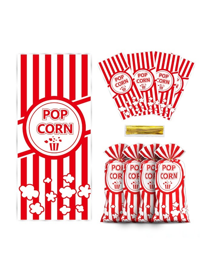 100 Pieces  Popcorn Treat Bags for Party Red and White Striped Cookie Candy Bags with Straps for Circus Carnival Birthday Party Favors - Image 1