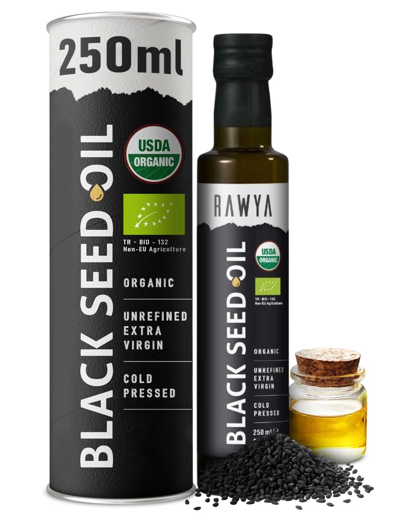 RAWYA Black Seed Oil - USDA Organic Certified - Cold Pressed - 8.4 Fl oz - Extra Virgin - Turkish Black Cumin Seed - Premium Nigella Sativa with Thymoquinone - Kalonji - Non-GMO, Gluten-Free - Nutritional Supplements - Extra Strong Taste - Image 1