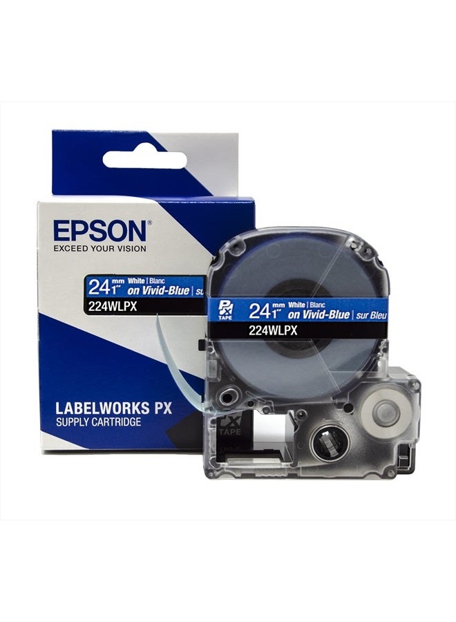LABELWORKS Epson LABELWORKS 224WLPX PET (Polyester) Tape Cartridge - White on Blue Label Maker Tape - 1" (24MM) Wide, 30' - Image 1