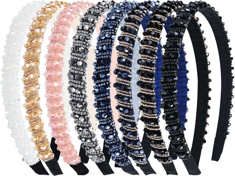 8 Pack Crystal Rhinestone Headband Beads Diamond Jeweled Sparkly Glitter Bling Padded Wide Headbands Cross Hair Bands Thick Hair Holder Accessories for Women Girls