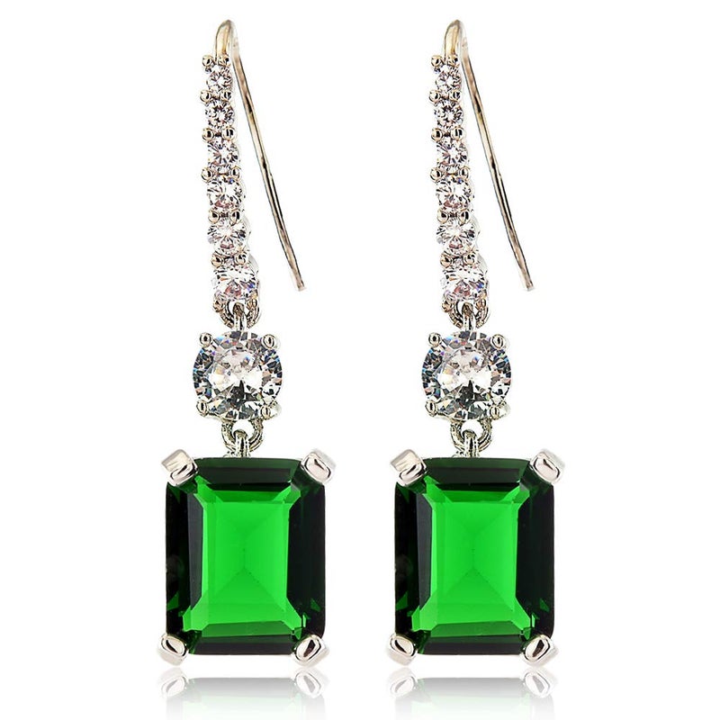 RIZILIA [RIZILIA CLASSIC] Dangle Drop Pierced Swan Hook Earrings with Emerald Cut Gemstones CZ [Green Emerald] in 18K White Gold Plated, Simple Modern Elegant - Image 1
