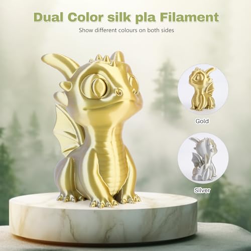 3DHoJor Silk PLA Filament 1.75mm Gold Silver Dual Color PLA 3D Printer Filament 2 in 1 Coextrusion 1KG Spool(2.2lbs) 3D Printing Filament Dimensional Accuracy +/- 0.03mm Fits for Most FDM 3D Printers - Image 2