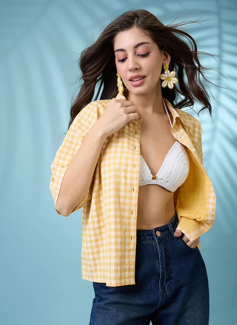 جلو باص قميص نسائي أصفر كاروهات بياقة وأكمام قصيرة