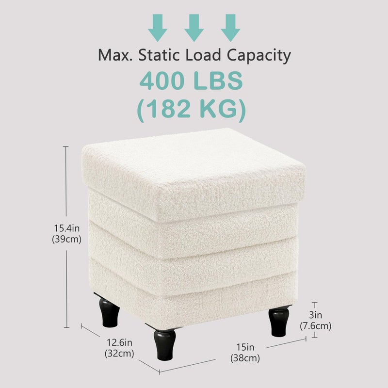 CAROLMADE Folding Storage Ottoman Cube Sherpa Footstool with Wood Legs Ottoman Footrest for Living Room and Bedroom, White 15"x12.6"x15.4" - Image 3