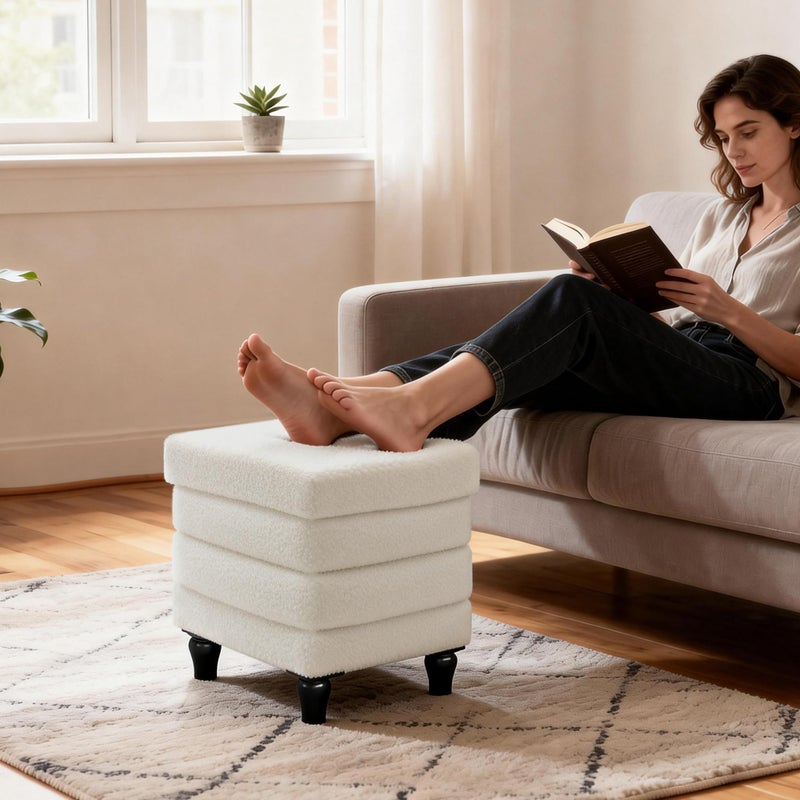 CAROLMADE Folding Storage Ottoman Cube Sherpa Footstool with Wood Legs Ottoman Footrest for Living Room and Bedroom, White 15"x12.6"x15.4" - Image 2